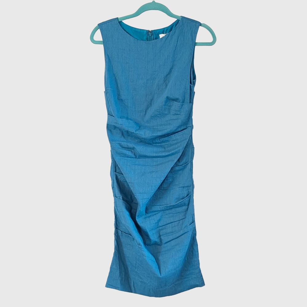 Nicole Miller Studio Blue Linen Blend Ruched Sheath Dress Size 6 Fitted Cocktail